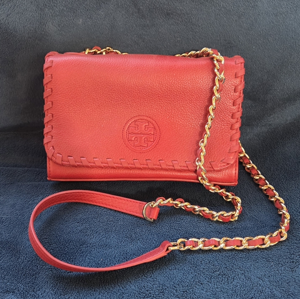 Tory Burch Red Leather Whipstitch Chain Crossbody Purse
